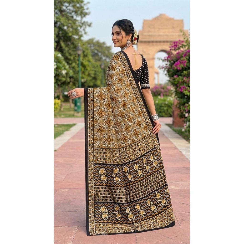 New Launch Beautiful Bagru Printed Mulmul Cotton Saree