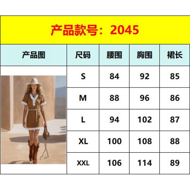 Retro Suede Lace Dress V-Neck Short Sleeve Fitted Waist Tie Western Style Mini A-Line