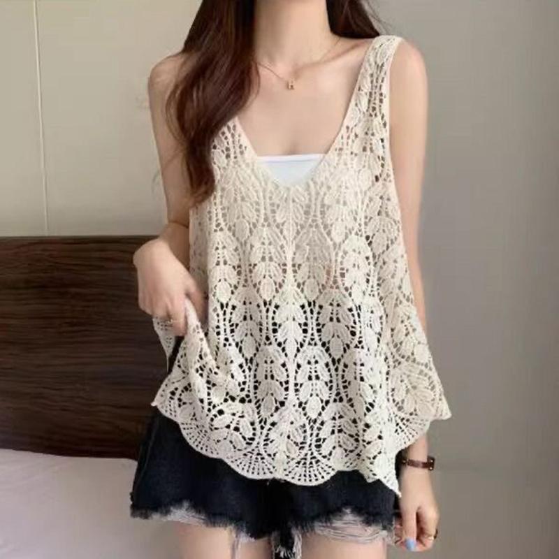 Crochet Lace Tank Top Women Leaf Embroidery Hollow-out Sleeveless Knit Top Cover-up Vacation Bohemian Summer