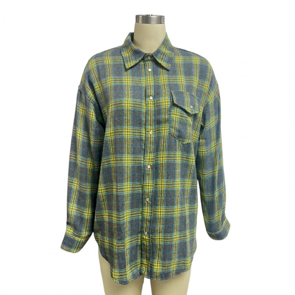 Women Shirt Lapel Long Sleeve Flap Pockets Single Breasted Shirt Plaid Print Loose Fit Breathable Comfortable Casual Fit Shirt