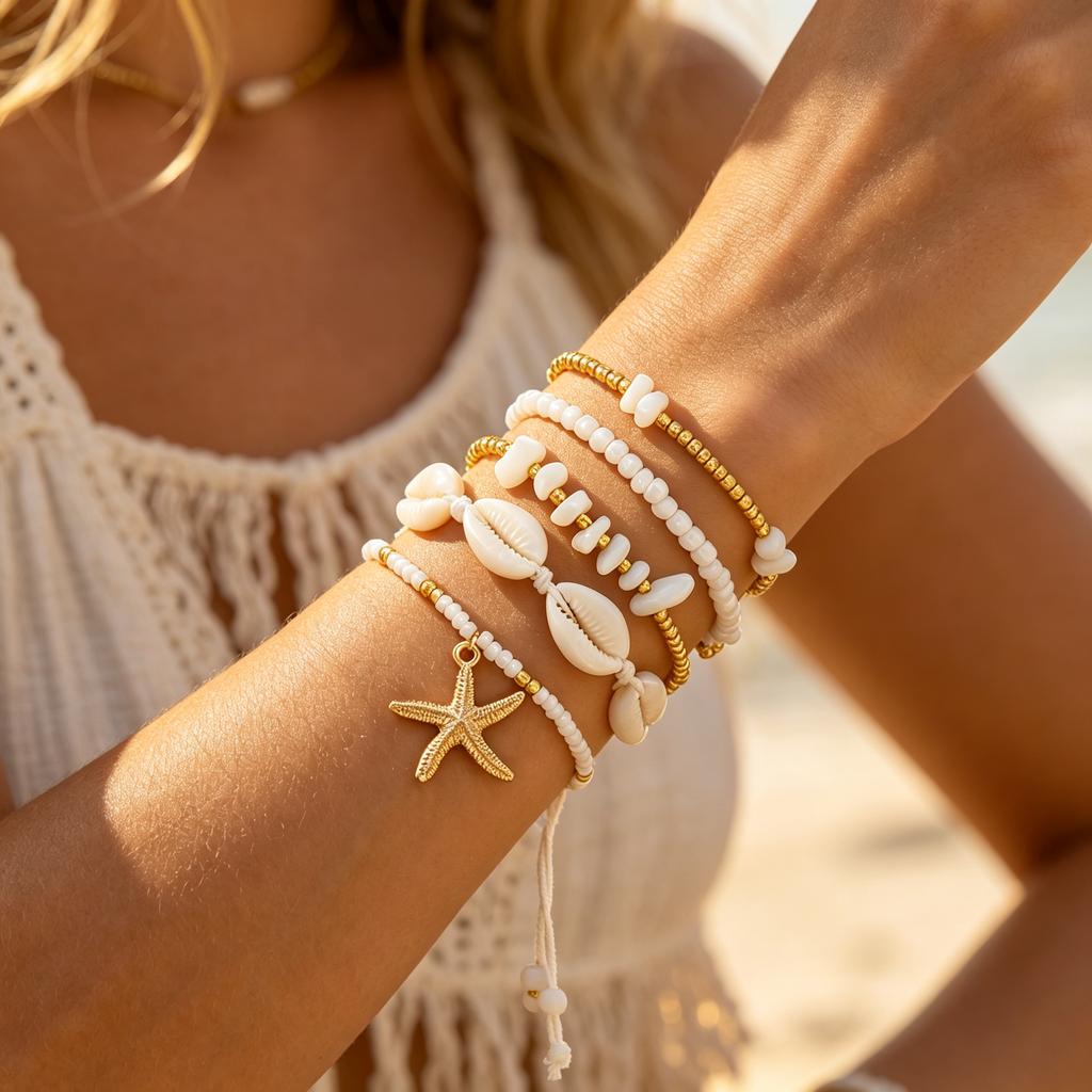 Boho Starfish Shell Bracelet Set For Women 5Pcs Gold Tone Beaded Stackable Summer Beach Jewelry For Casual Vacation Wear