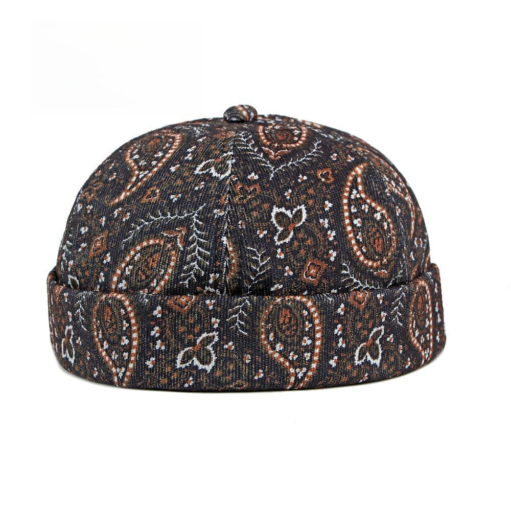 Unisex Retro Paisley Print Docker Cap Brimless Sailor Skullcap Vintage Ethnic Rolled Cuff Beanie Landlord Melon Hat for Men Women