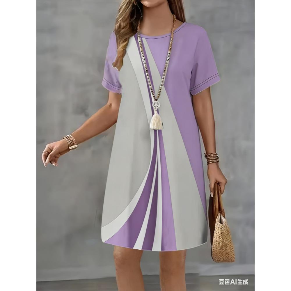Short-sleeved round-neck striped pattern 3D printed women's fashionable mini dress