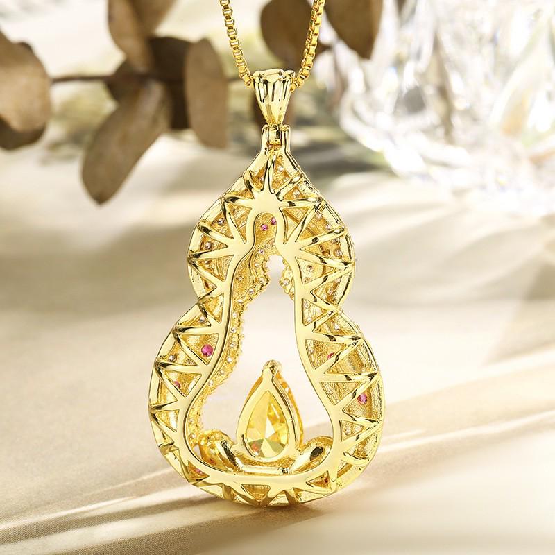 Exquisite Full Diamond Gourd Lotus Necklace with Carved Patterns and Gemstone Accents - New Chinese Style for Women