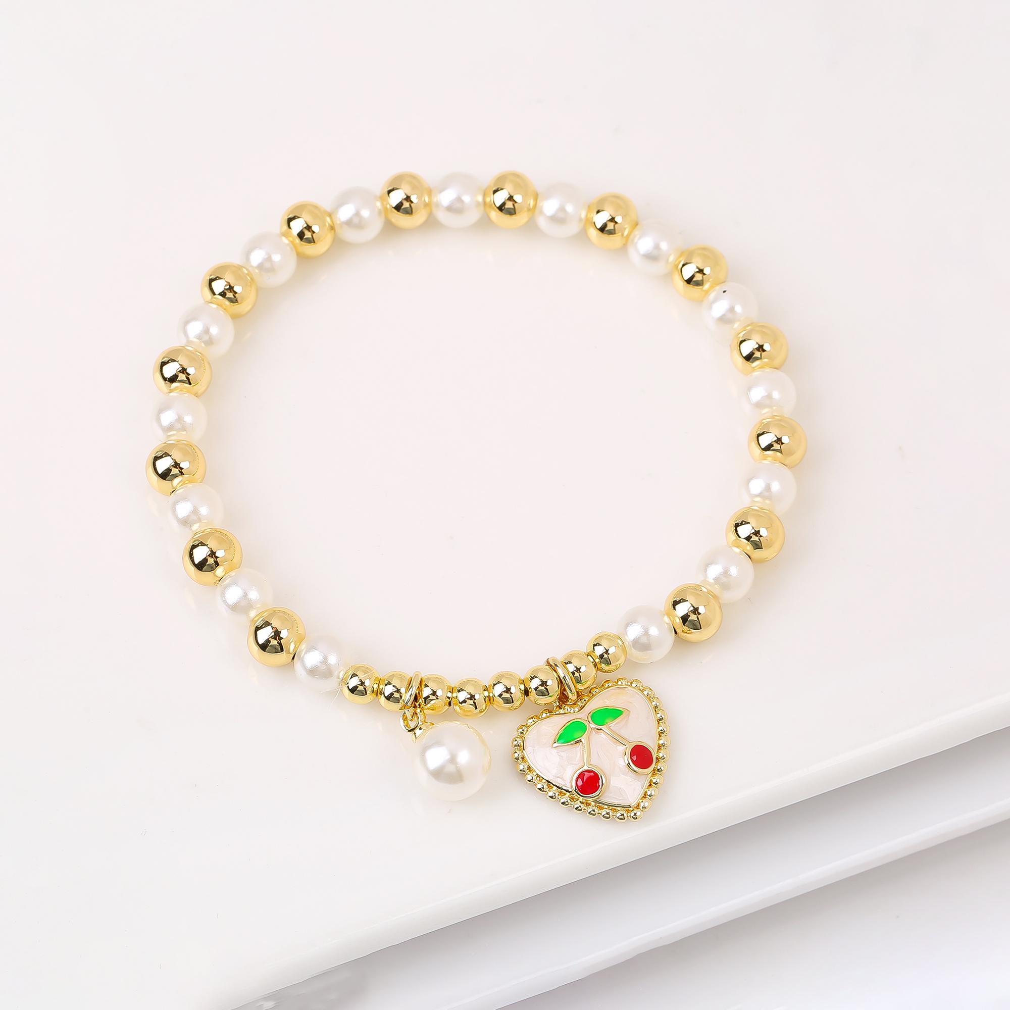 

Trendy Crystal Cherry Shape Heart Copper Beads Chain Pearls Bracelet For Women 15 Styles Choice Daily Versatile Zircon Gift