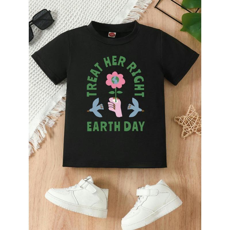 

European sizes Girls T-shirt with Floral Print and Earth Day Design, Featuring a Round Neck and Short Sleeves, Perfect for Casual Wear During Summer 98cm чёрный