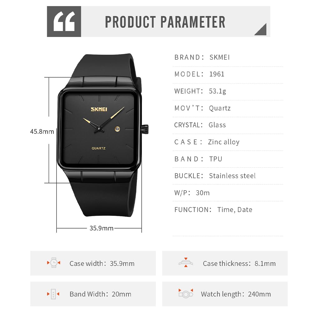 Square Watch Men Leather Strap Black Simple Slim Stylish Wristwatch Gentleman Waterproof Business Casual Male Gift Gold Black