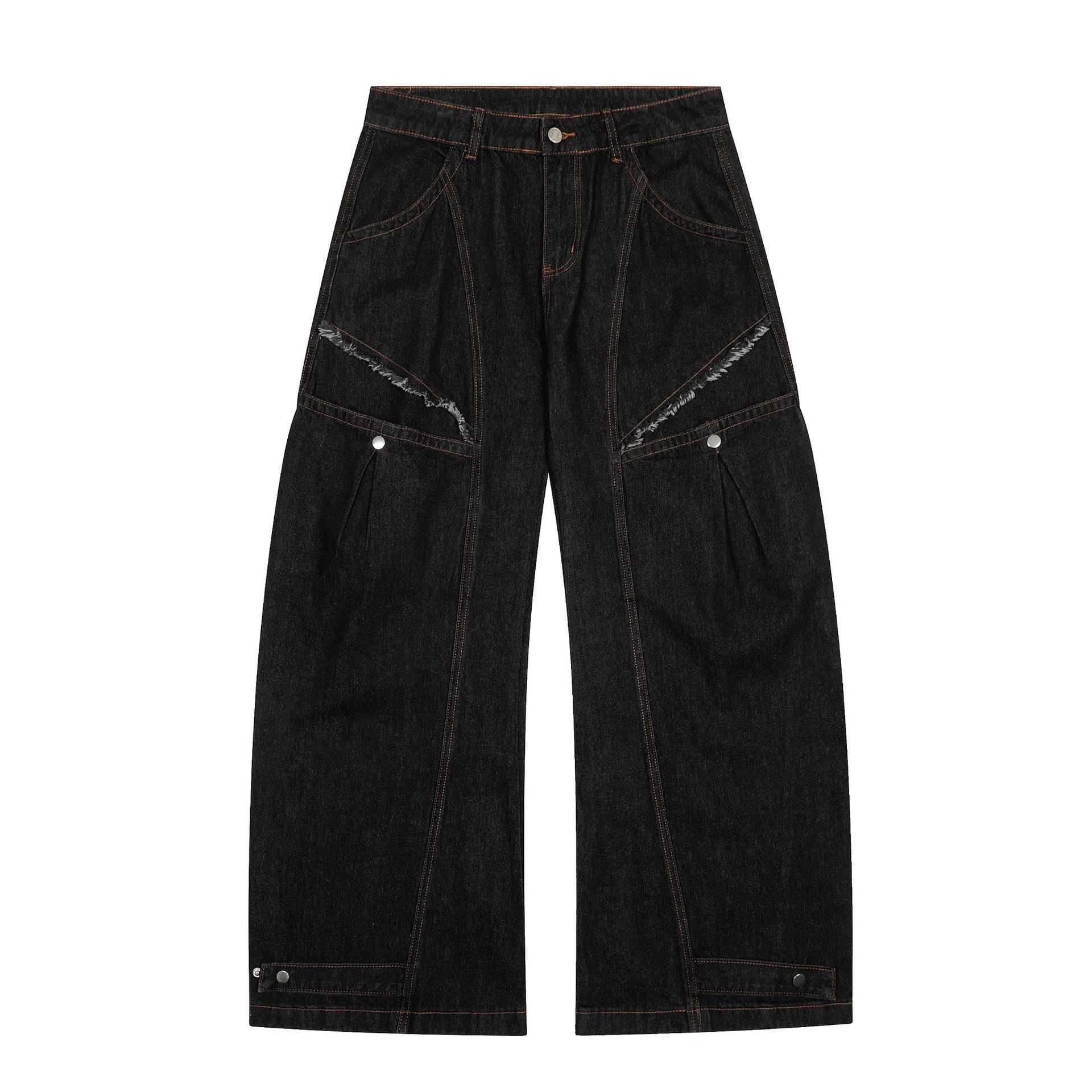 Men s Autumn American Street Scimitar Pants Loose Rough Edge Washed Jeans Wide Leg Pants S чёрный