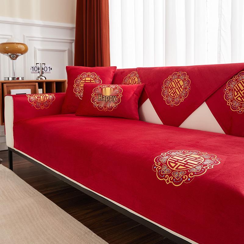 Подушка для дивана из красного бархата Двойное счастье Праздничный китайский стиль Нескользящий Всесезонное использование 70x70cm 2229₽