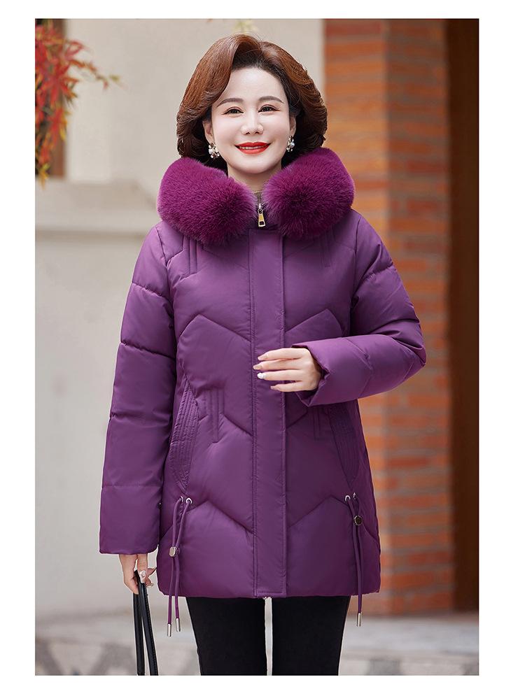 Jaqueta Feminina de Outono e Inverno Cor Sólida com Capuz Gola de Pele Moda Solta Espessa à Prova de Vento Comprimento Médio Jaqueta de Mãe