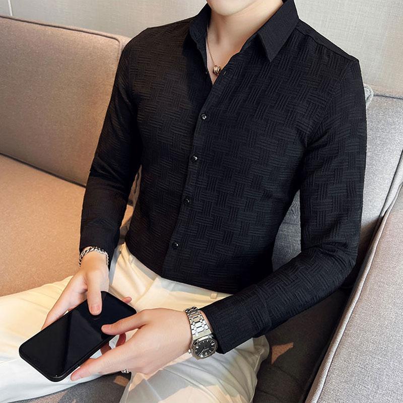 Korean Plaid Solid Color Shirts Spring Autumn Turn-down Collar Men's Clothing Single-breasted Stylish Jacquard Weave Slim Shirts