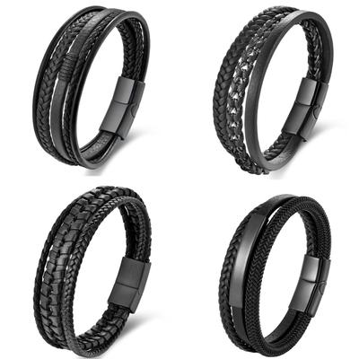 Men's Black Leather Bracelet Stainless Steel Double Layer Braided Wristband Fashion Handmade Cowhide Rope Jewelry Accessories