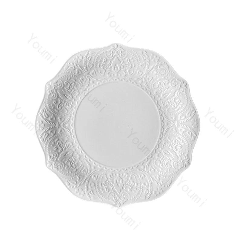Creative Relief Flower Shape Ceramic Plate Home Breakfast Exquisite Solid Color Tableware Light Luxury Restaurant Dessert Plate
