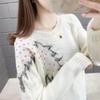 Loose spring and autumn women's hollow topShort round neck embroidered knitted sweater versatile and fashionable base shirt