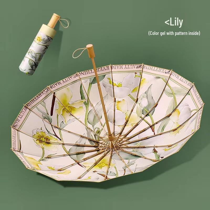 Compact 16-Rib Dual-Use Sunshade & Rain Umbrella, Hand-Open Folding, with Color Vinyl Digital Print and Sunscreen Protection.