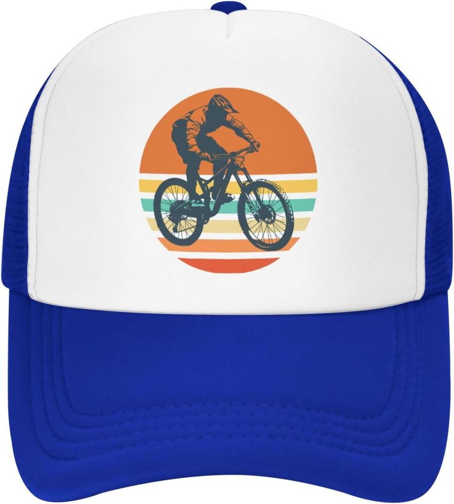 Mountain Biking Sunset Graphic Trucker Hat Polyester Outdoor Adjustable Snapback Cap for Men Women