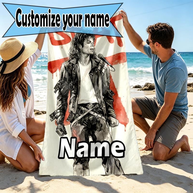 Personalisierbares Strandtuch mit individuellem Namen und Michael Jackson Druck, für Reise Camping Strandparty Heimdeko, Geburtstagsgeschenk für Familie & Freunde