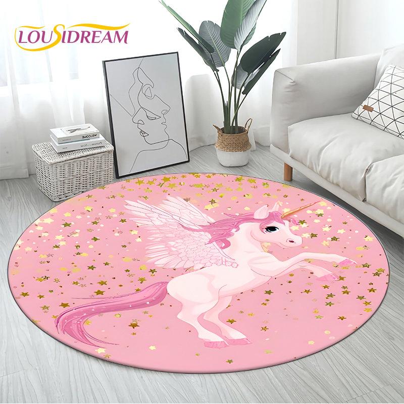 3D Cartoon Cute Unicorn Area Rug Large,Round Carpet Rug for Living Room Bedroom Sofa Decoration,Children Play Non-slip Floor Mat