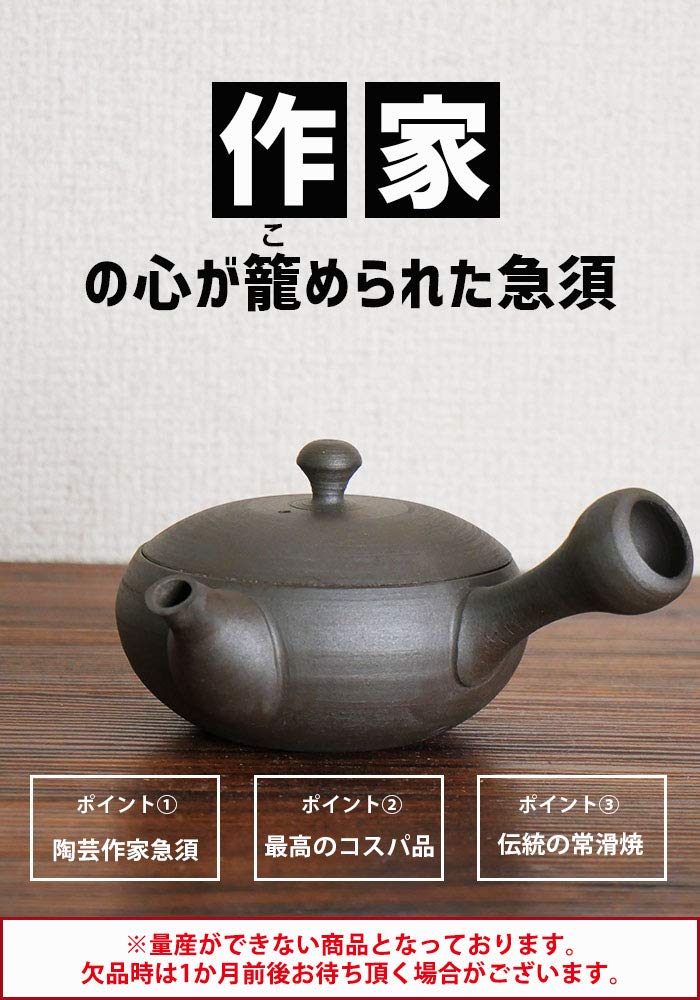 Kitusako Tokoname Ware Sawada's Modern Kyusu (Kitsu Sako Teapot) [Handmade by a Ceramic Artist] 170ml Artist Kyusu, Ceramic Tea Strainer, Black