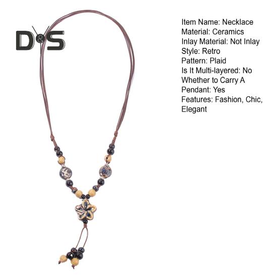 Vintage Bohemian Ceramic Bead Necklace Braided Rope Flower Long Y Necklace Handmade Retro Jewelry Gift for Women