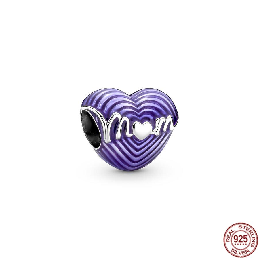 Fine S925 Sterling Silver Love You Mom Double Heart Split Dangle Charm Beads Fit Original  Bracelet DIY Women Jewelry Gift