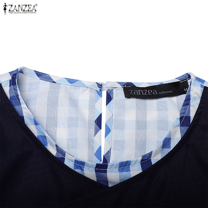 ZANZEA Women Casual Round Neck Long Sleeve Patchwork Plaid Print Dress