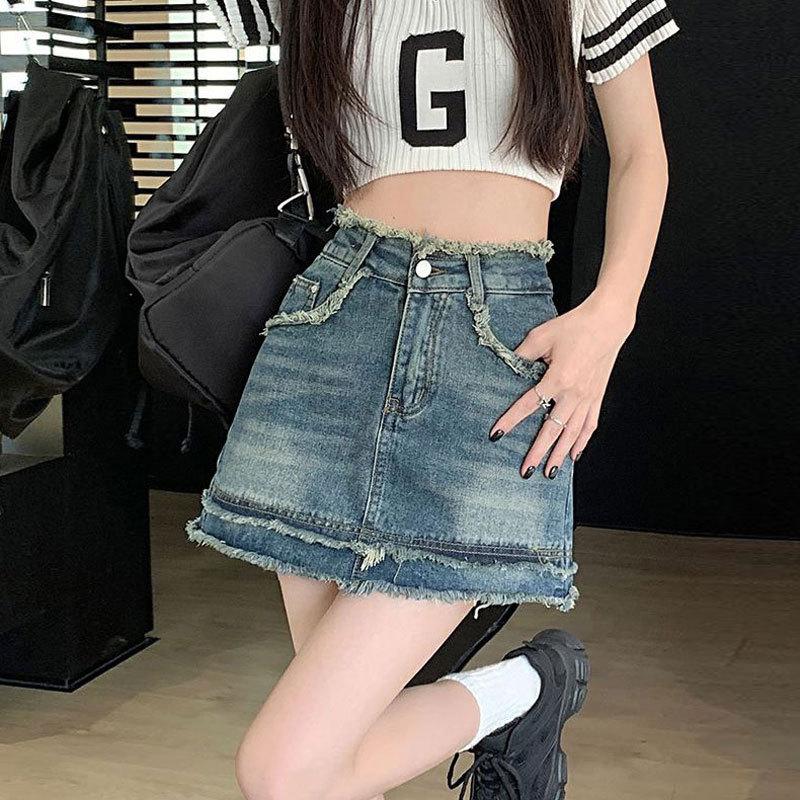 

Короткая юбка-трапеция UniqueRaw Edge в стиле ретро, с высокой талией, облегающая юбка до талии, летняя модная джинсовая короткая юбка XXL синий