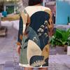 Women Plus Size V Neck Long Sleeve Blue Beige Printed Fitted Dress