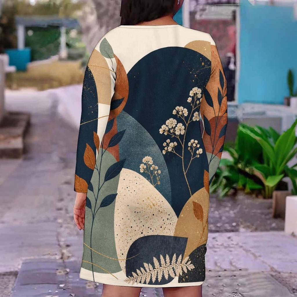 Women Plus Size V Neck Long Sleeve Blue Beige Printed Fitted Dress