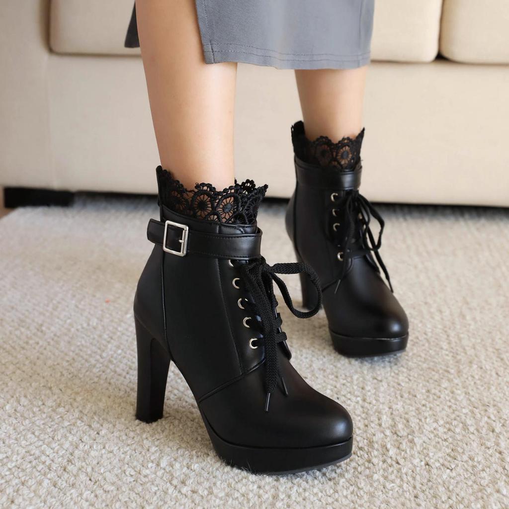 7/Damen-Kurzstiefel mit hohem Absatz, Herbst und Winter, neue Mode, wasserdichte Plattform, dicker Absatz, kurze Stiefel, große Damenstiefel