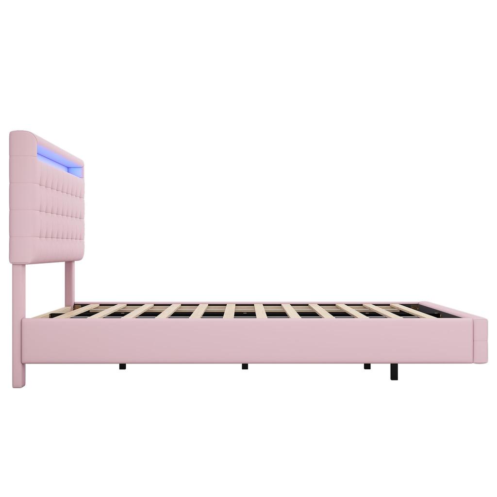 מיטה מרופדת 140x200 ס"מ עם תאורת LED היקפית, עם ראש מיטה מתכוונן לגובה ושלט רחוק 24 כפתורים, ללא מזרן