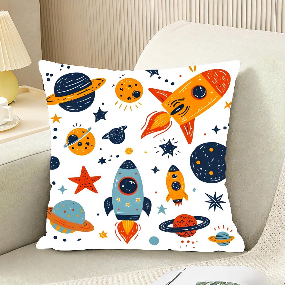 Outer Space Spaceship Astronaut Cushion Cover Reversible Plush Pillow Cover For Car Sofa Bedroom Decorative Gift Pillowcase
