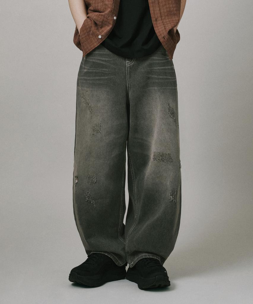 Beodeonteu Scratch Washed Balloon Denim Pants [Desert Black]