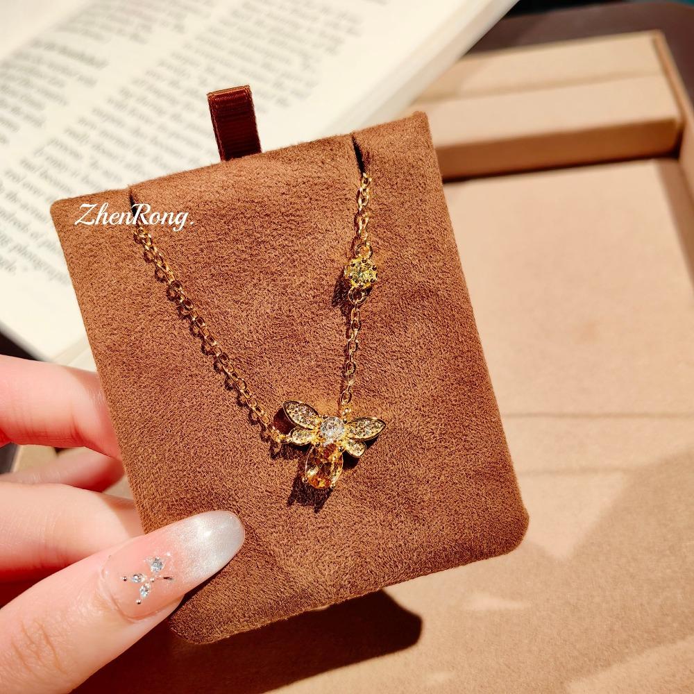 Bee Necklace Set for Women Elegant Citrine Earrings Minimalist Diamond Ring Collarbone Jewelry Gift