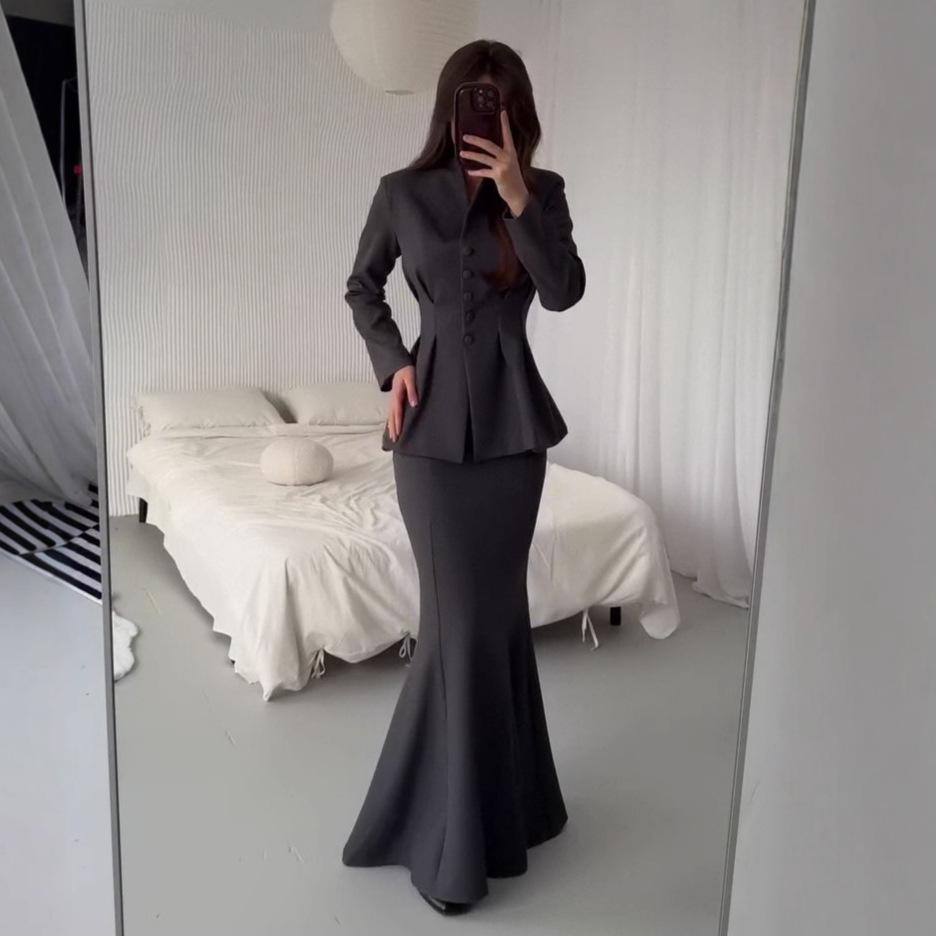 Cross-border European and American Autumn New Cardigan Button Suit Socialite Long-sleeved Top Hip Skirt Women's Clothing