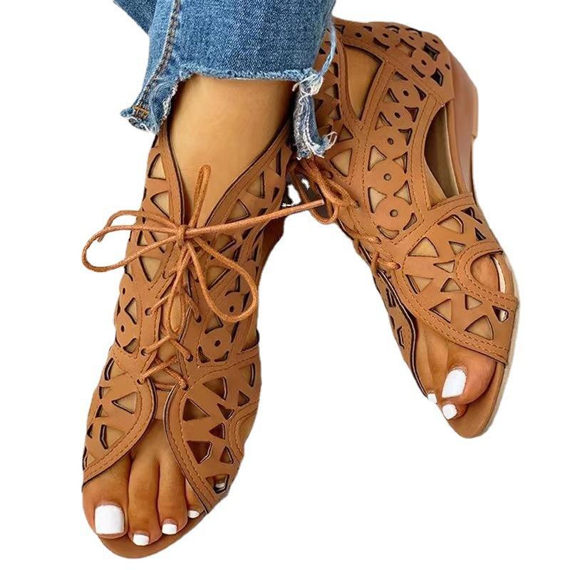 Women's New Wind Front Lace-up Fish Mouth Hollow Low Slope Heel Rear Zipper Women's Large Size Fashion Sandals