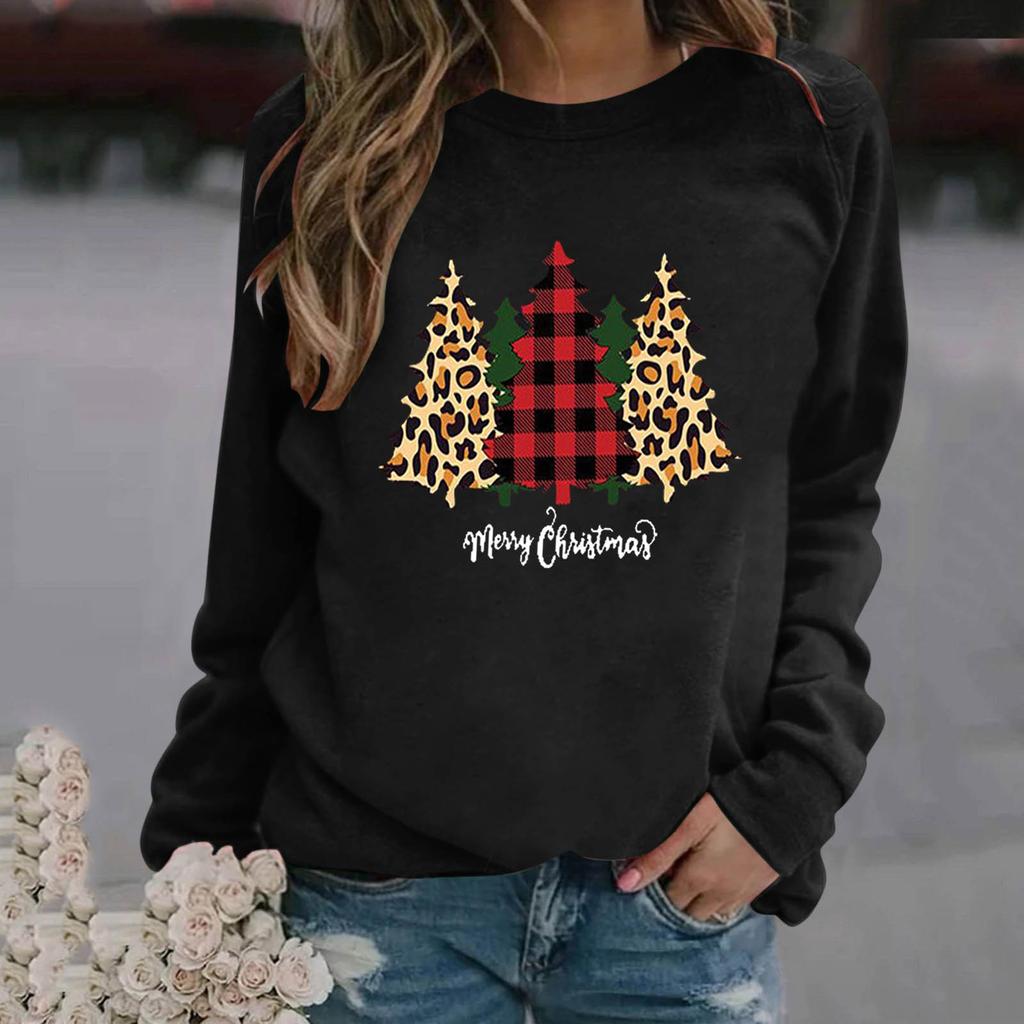 Women's Casual Fashion Christmas Print Long Sleeve O-Neck Pullover Top