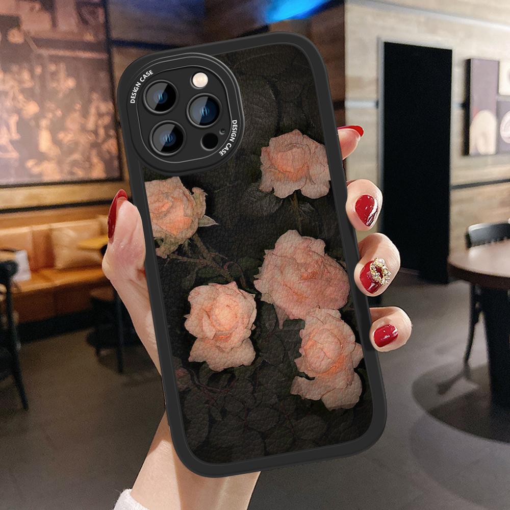 

Тонкий кожаный чехол с рисунком розовых цветов розы, мягкий силиконовый чехол из искусственной кожи для iPhone Samsung Huawei Honor Xiaomi Redmi OPPO Realme Vivo Xiaomi 12/12S/12X чёрный