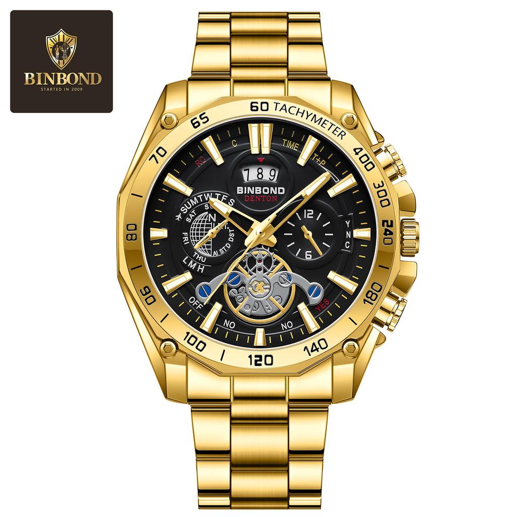 BINBOND Men's Luminous Trendy Tourbillon Watch with Steel Band, Three Dials & Six Hands