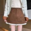 Autumn Winter Suede A-Line Mini Skirt High Waist Skirt Ruffle Lace Hem for Casual Outfits