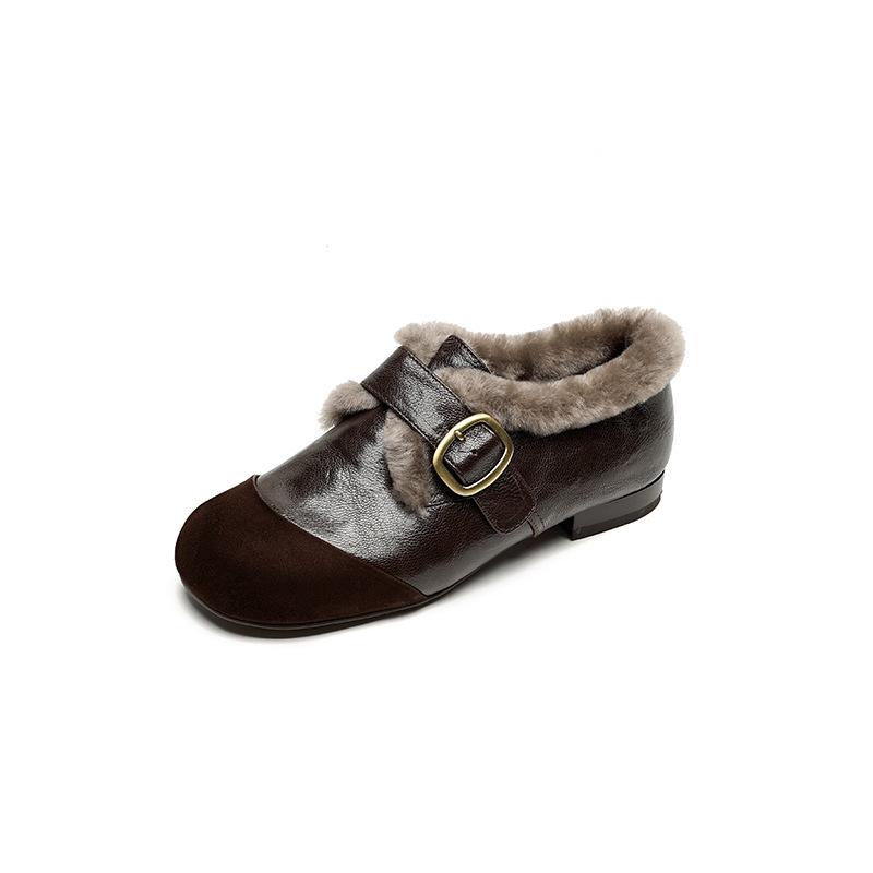 

Retro round head suede splicing flat-soled single shoes British style belt buckle small leather shoes 40 коричневий