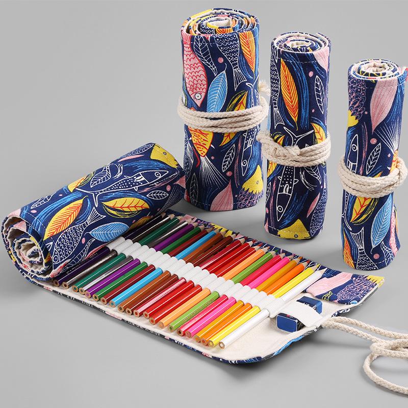 Colorful Fish Canvas Pencil Case - 36/48/72 Holes Roll-up, Large Capacity, Stationery Bag