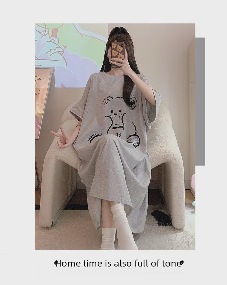 Women's Plus Size Cotton Nightdress - Cute Cartoon, Round Neck, Long Sleeve, Spring/Summer