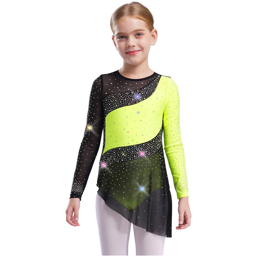 Girls Gymnastics Costume Long Sleeve Sheer Mesh Design Patchwork Sparkling Rhinestones Color Block Leotard