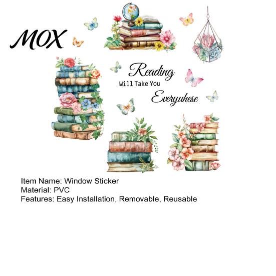 Back to School Window Clings Book Cling, Static Decals with Butterfly Flower Literary Pattern Stickers for Classroom Glass, Removable No Glue