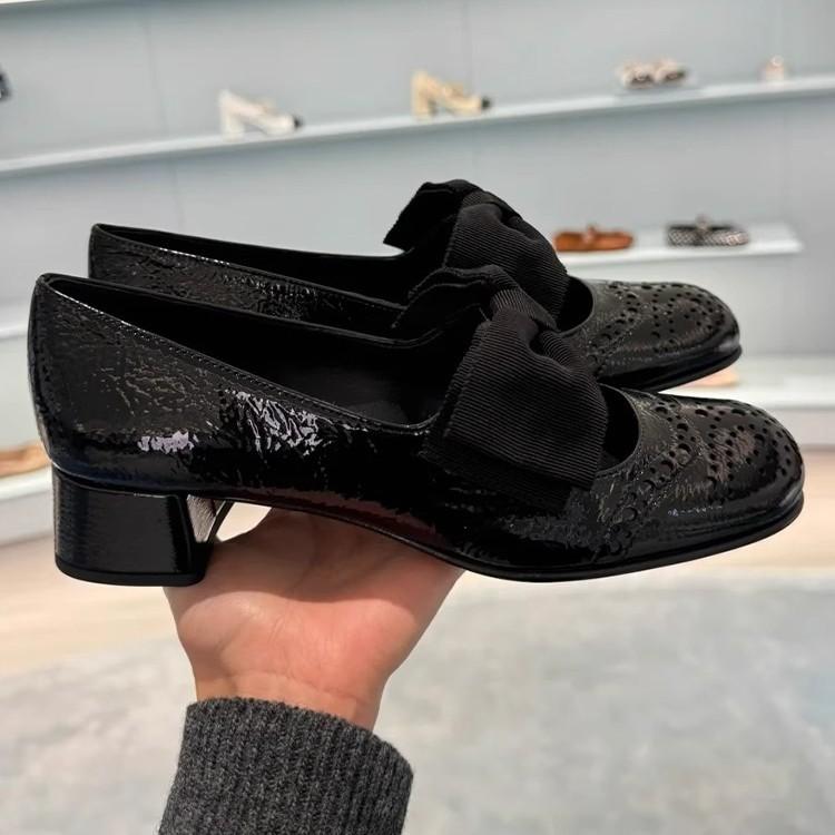 Mode Schwarze Schleife Damenpumps Runde Zehenpartie Klobige Hohe Absätze Knöchelriemen Flach Luxus Partykleid Sommer Damenschuhe Slipper