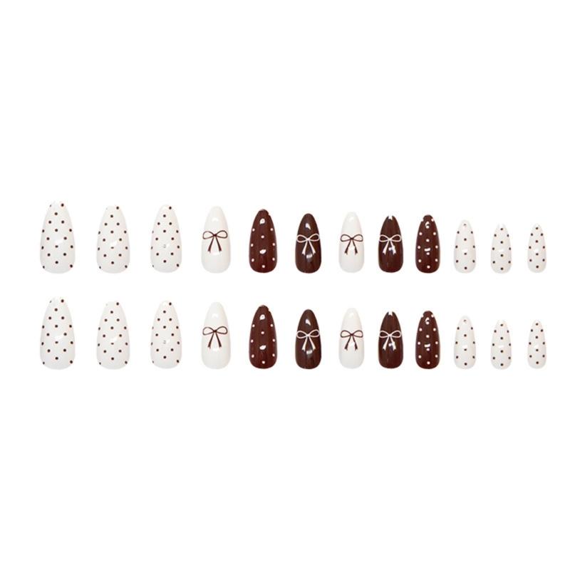 1 Set Almond Press on Nail Acrylic Nail Accesories with Bows and Dot Designs Stick on Nail Valentine's Day Nail Art