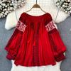 Retro Embroidered Shirt Top Female 2025 Spring Lace Up Tassel Loose Lantern Sleeves Ethnic Style Blouse Female