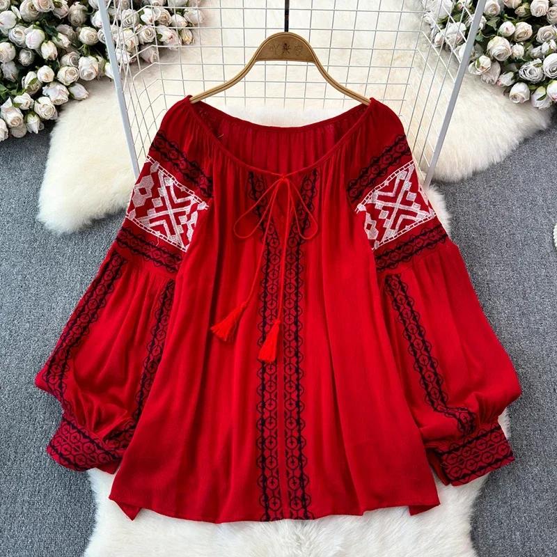 Retro Embroidered Shirt Top Female 2025 Spring Lace Up Tassel Loose Lantern Sleeves Ethnic Style Blouse Female