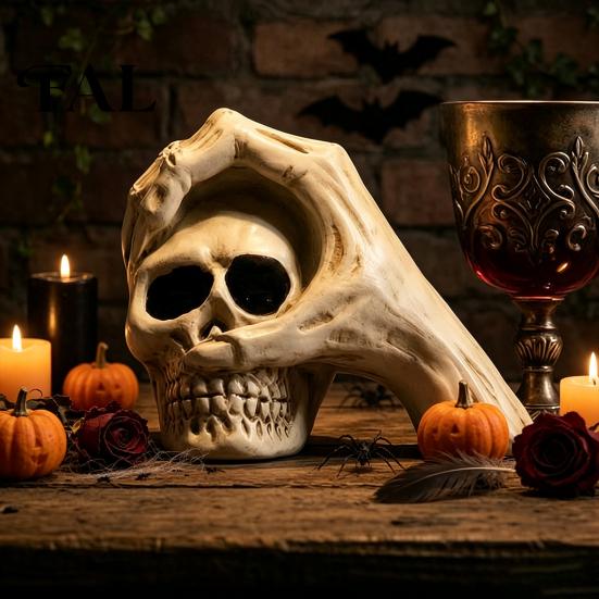 Spooky Secret Room Props Halloween Skull Hand Sculpture, Gothic Skeleton Head Figurine, Resin Creative Tricky Festival Gift Decoration for Bedroom